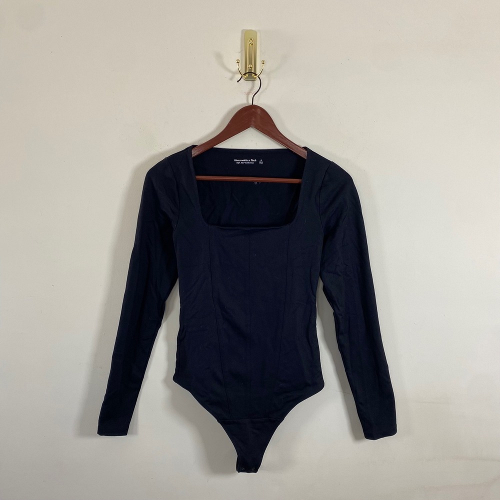 Abercrombie & Fitch Long Sleeve Bodysuit Black Sqaure Neckline Faux Boning Small
